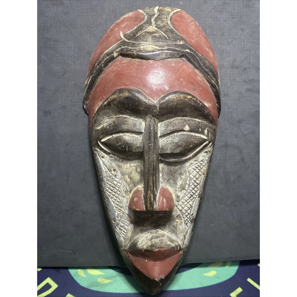 African Tribal Mask Ghana Hand Carved Wood Wall Hanging Folk Art 12" Decor G3